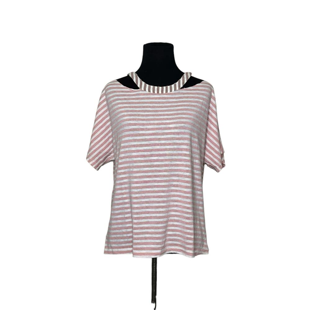 Honey Punch white pink stripes cut out distressed top size small
